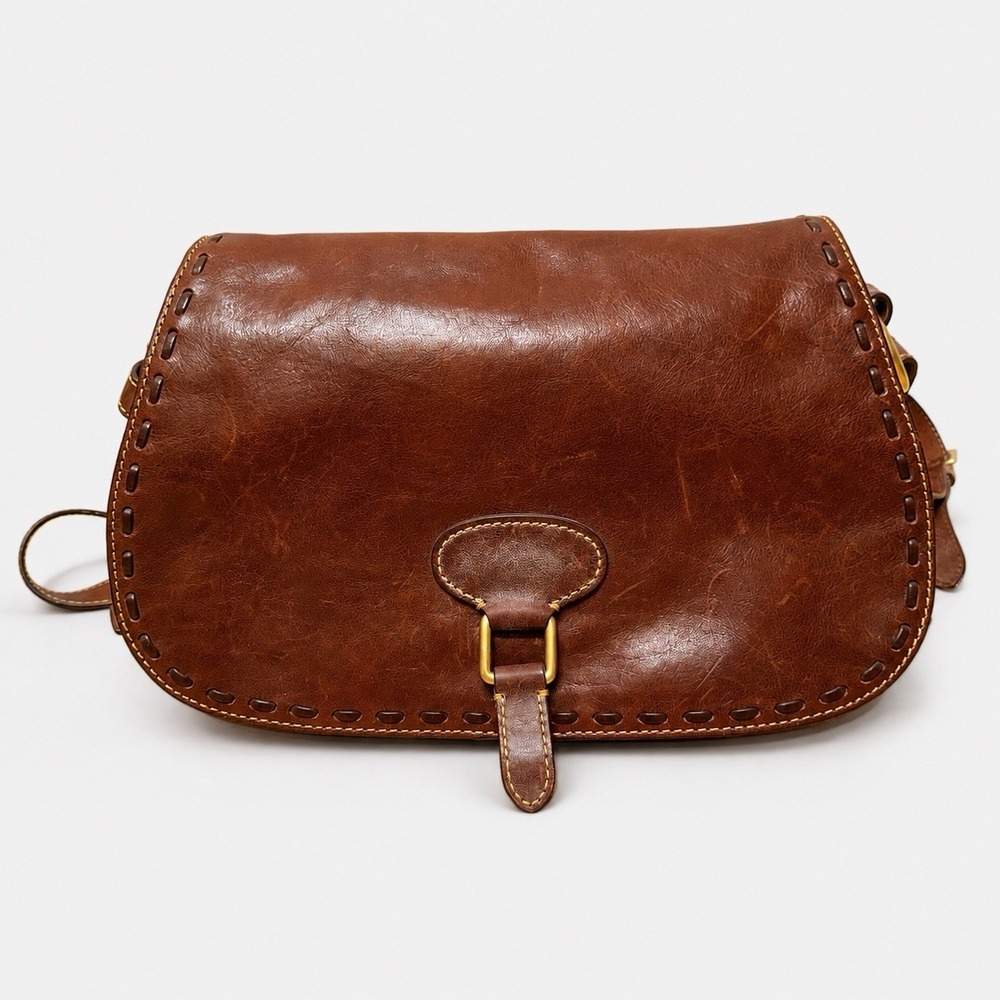 Dooney Bourke Brown Florentine Vacchetta Leather Saddle Messenger Shoulder Bag